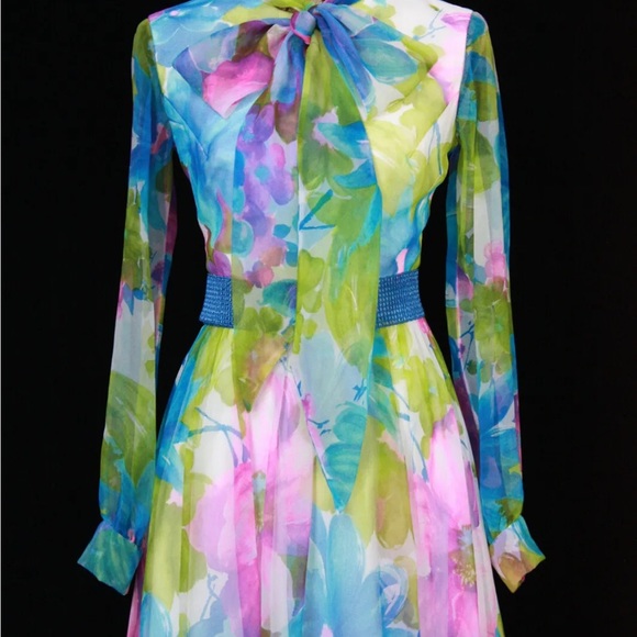 Vtg 60s 70s Boho Hippie Blue Floral Chiffon dress PROM Wedding Party Jack Bryan - Picture 3 of 7